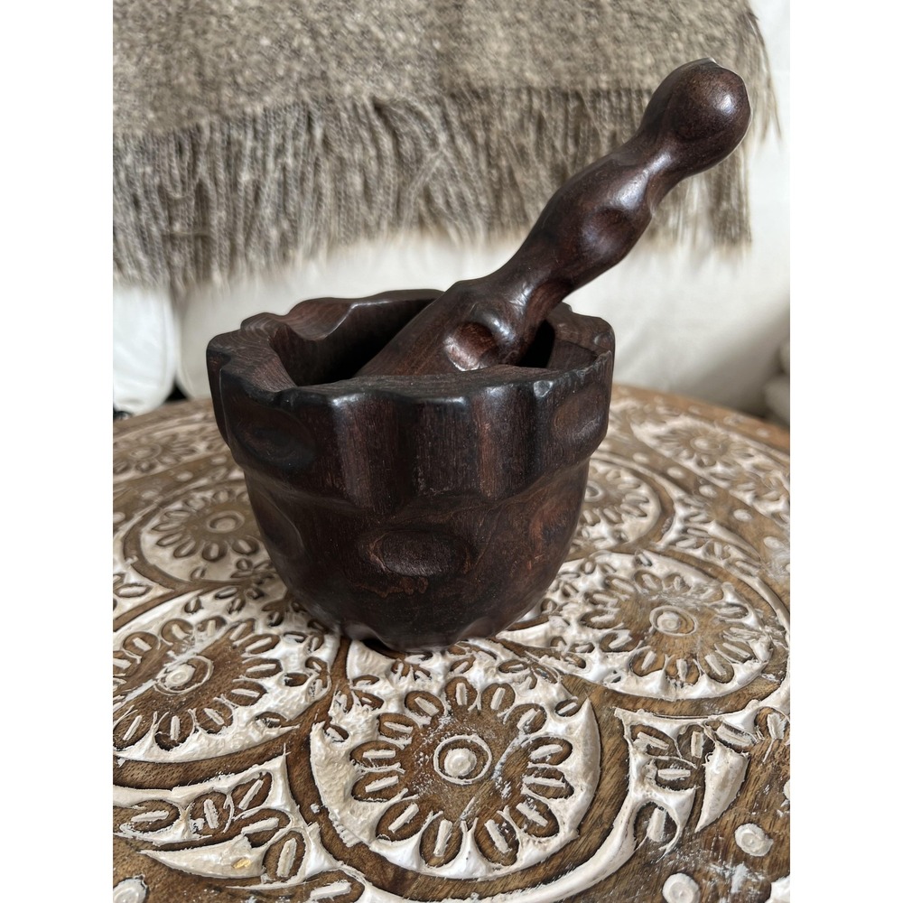 Hand Carved Wood Mortar And Pestle Dark Brown Herb Spice Grinder Rustic Kitchen